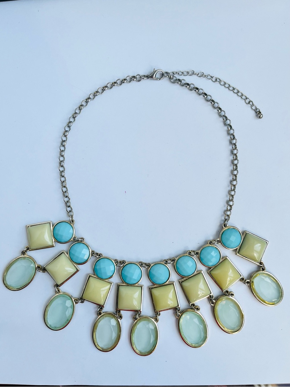 Vintage Style Pastel Statement Necklace - Light Blue & Mint Green Gems - 17"